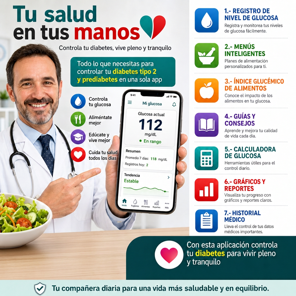 Presentación de la aplicación Tu salud en tus manos con el doctor, la pantalla de glucosa y las siete funciones